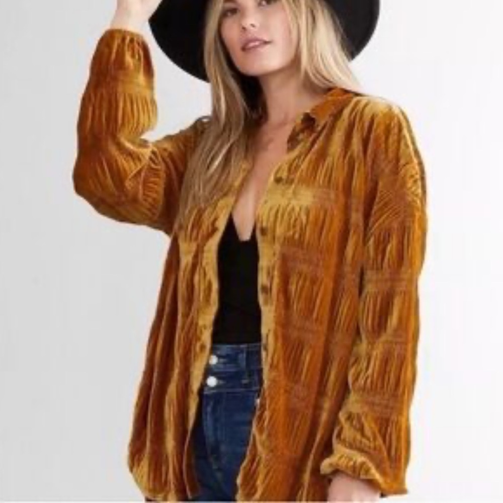 Beautiful Bohemian Free People Velvet Button Up Collared Shirt in Cali Gold